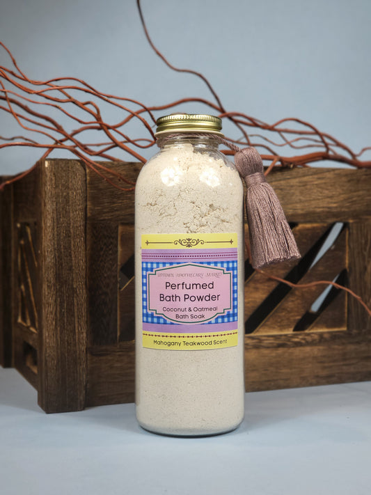 Perfumed Bath Powder Coconut & Oatmeal Bath Soak Unisex Mahogany Teakwood Essential Oil Blend 16 oz.