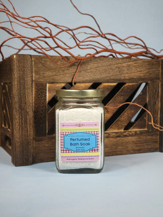 Perfumed Bath Soak Aromatic Bath Salts  Unisex Mahogany Teakwood Essential Oil Bend 10 oz