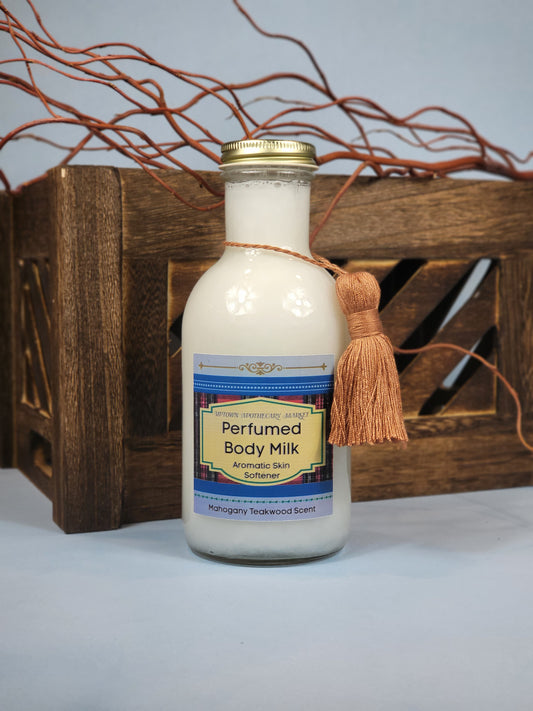 Perfumed Body Milk Aromatic Skin Softener  Unisex Mahogany Teakwood Essential Oil Blend 12 oz.