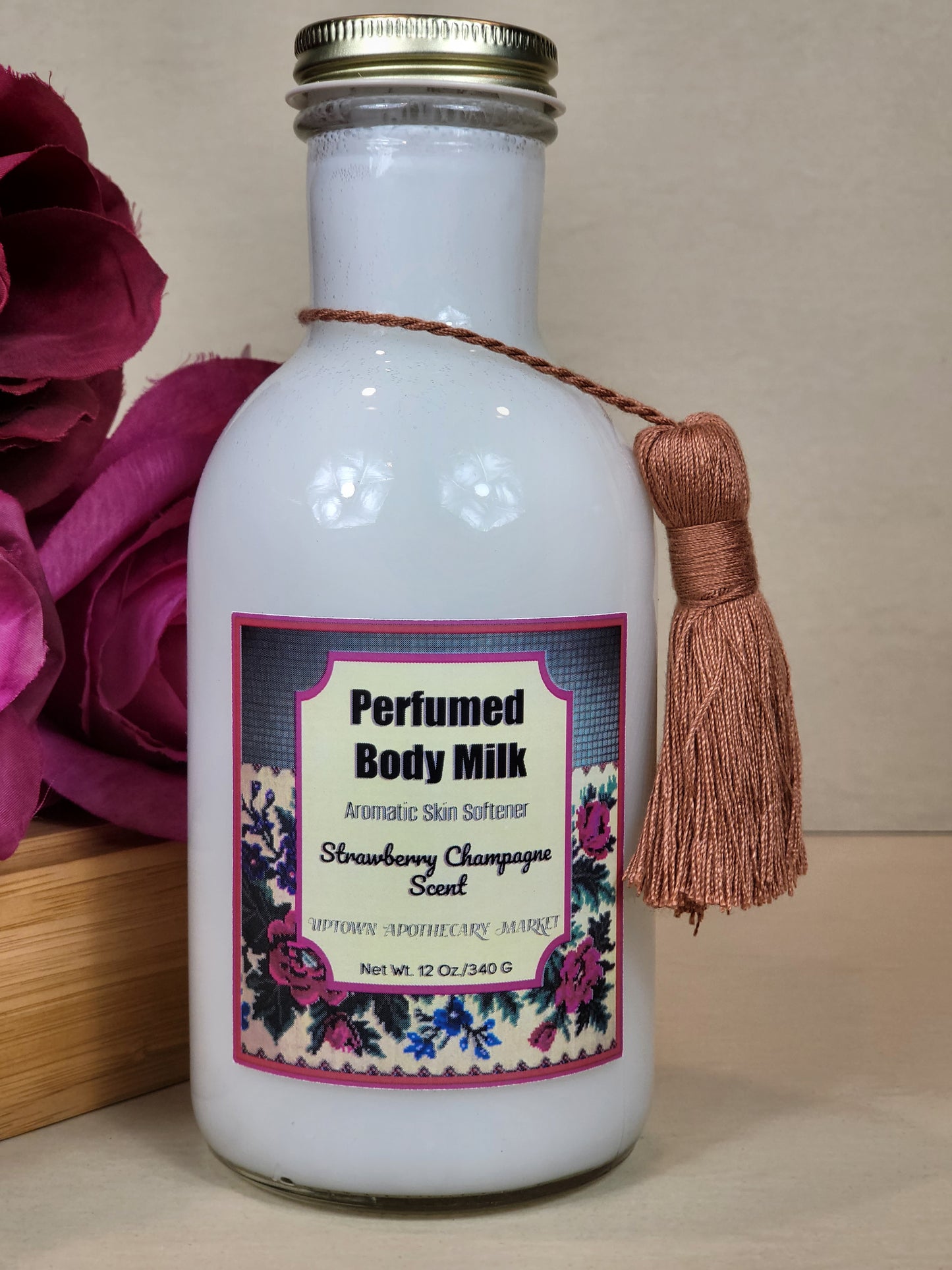 Perfumed Body Milk Aromatic Skin Softener Strawberry Champagne Essential Oil Blend 12 oz.